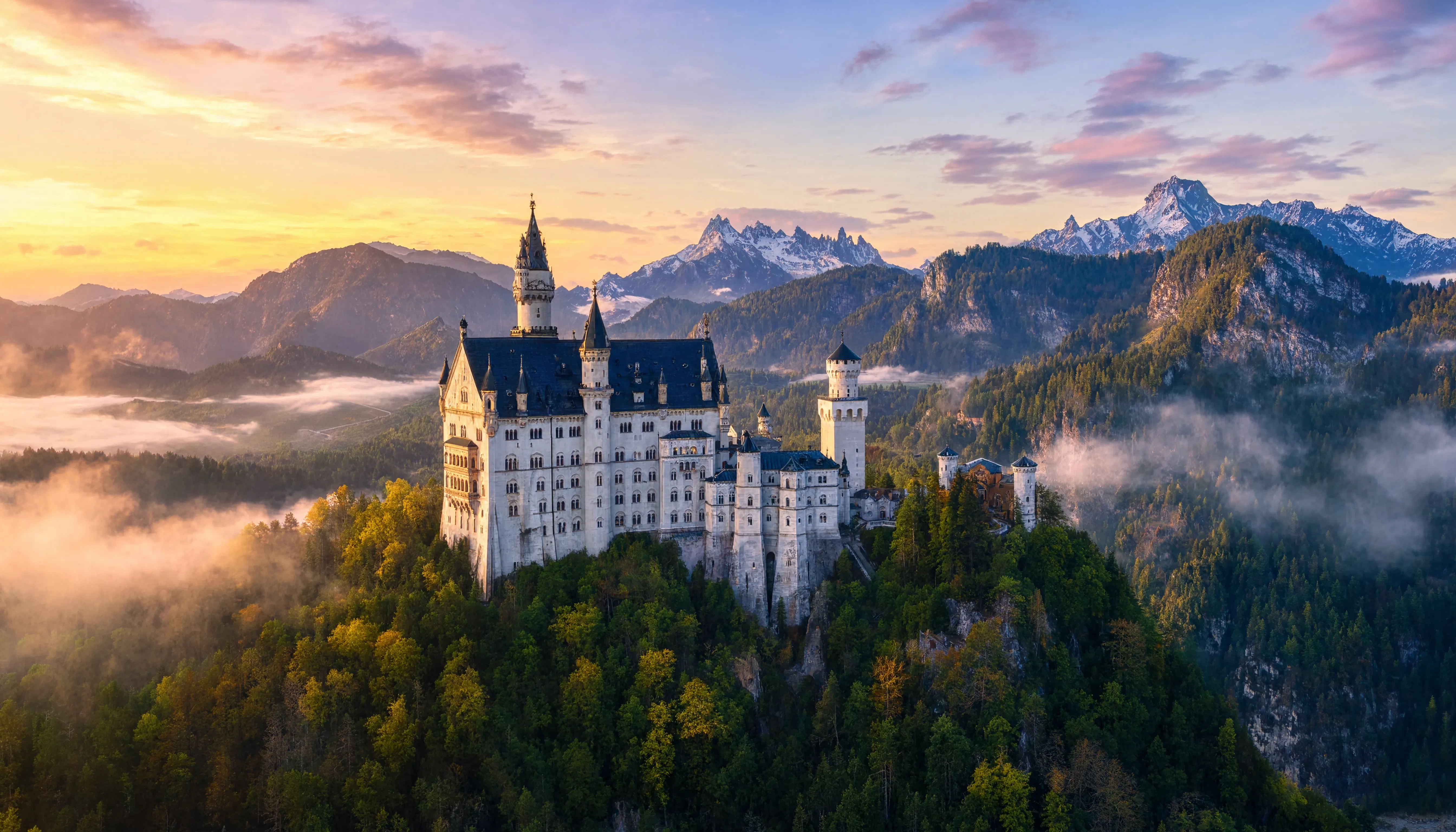 Schloss Neuschwanstein im Morgengrauen, umhüllt von Alpennebel