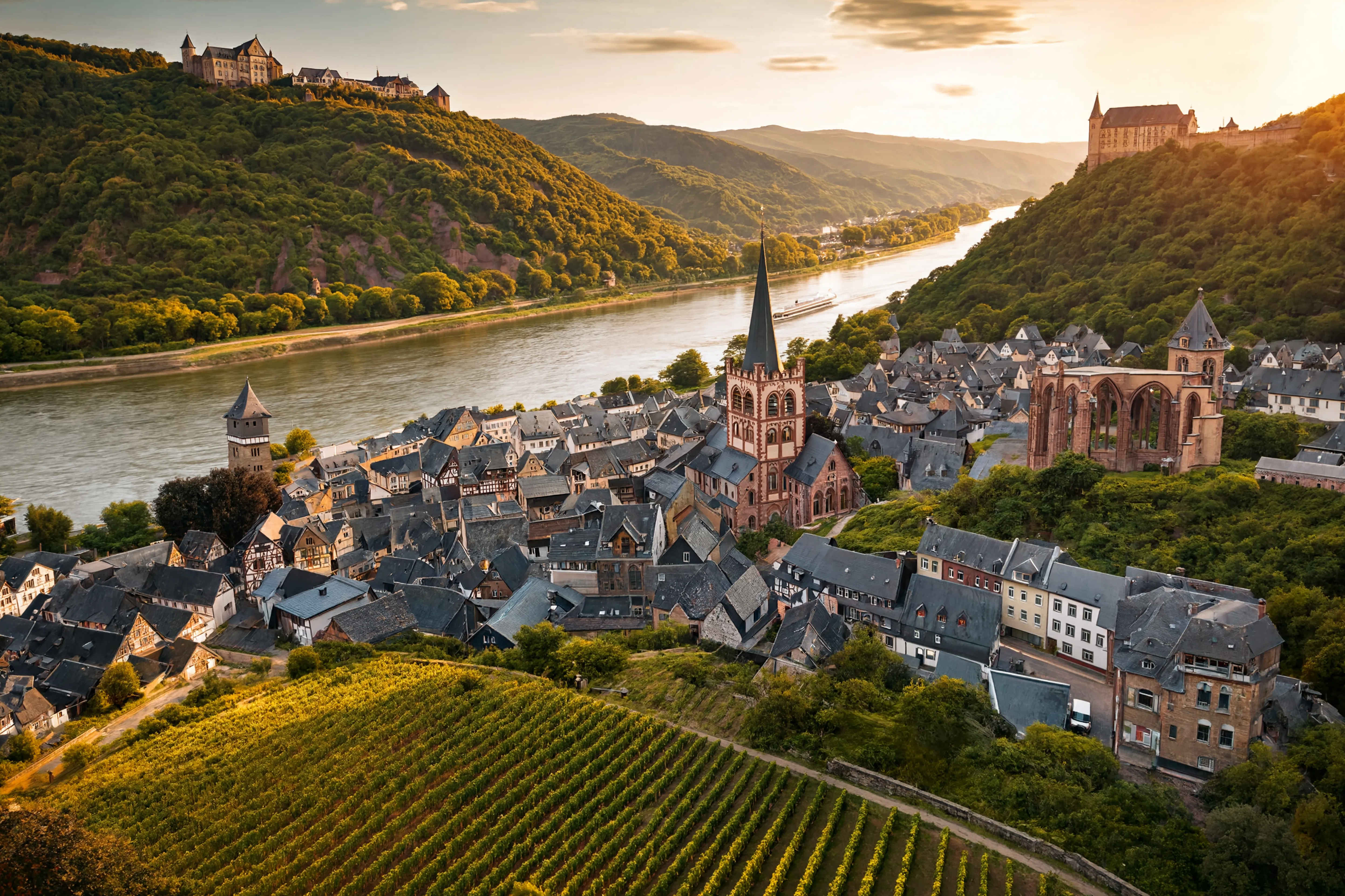 Luftaufnahme des Rheintals mit Weinbergen und mittelalterlichen Burgen